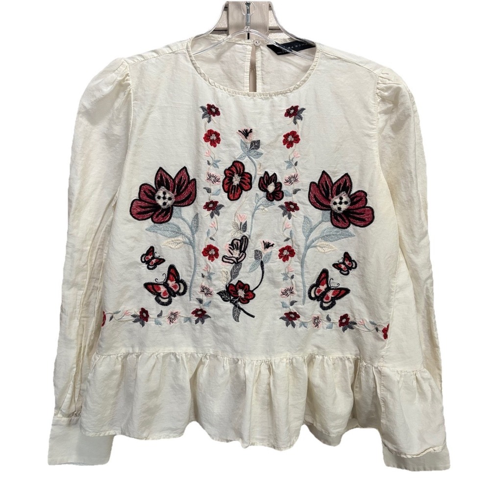 Zara Woman Ivory Embroidered‎ Floral Long Sleeve Keyhole Ruffle Blouse Size XS